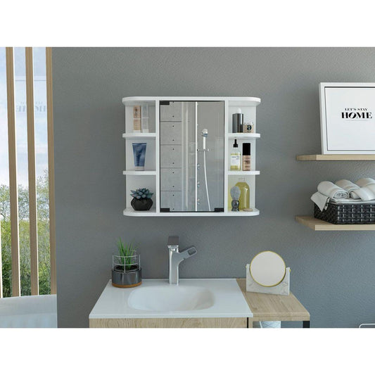 Milan Medicine Cabinet, Six External Shelves Mirror, Three Internal Shelves -White