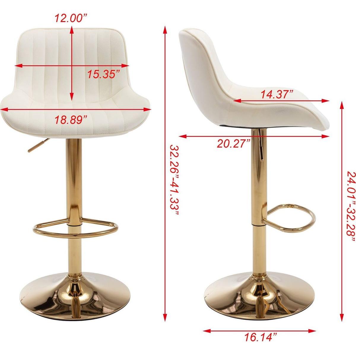 Chrome Footrest and Base Swivel Height Adjustable Mechanical Lifting Velvet + Golden Leg Simple Bar Stool, Set of 2, Ivory - Streamdale Furniture