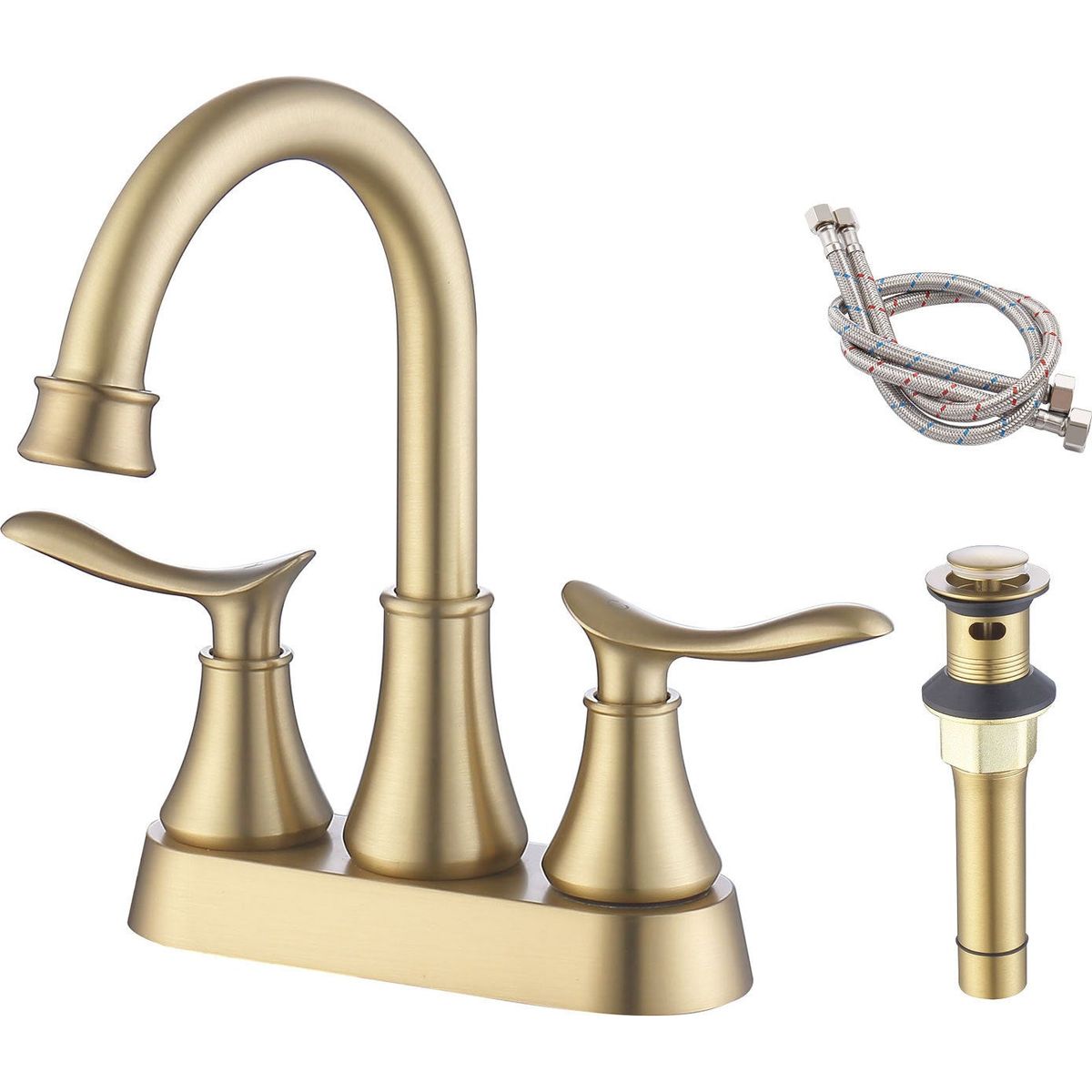 Bathroom Faucet Brushed Gold with Pop-up Drain & Supply Hoses 2-Handle 360 Degree High Arc Swivel Spout Centerset 6 Inch Vanity Sink Faucet