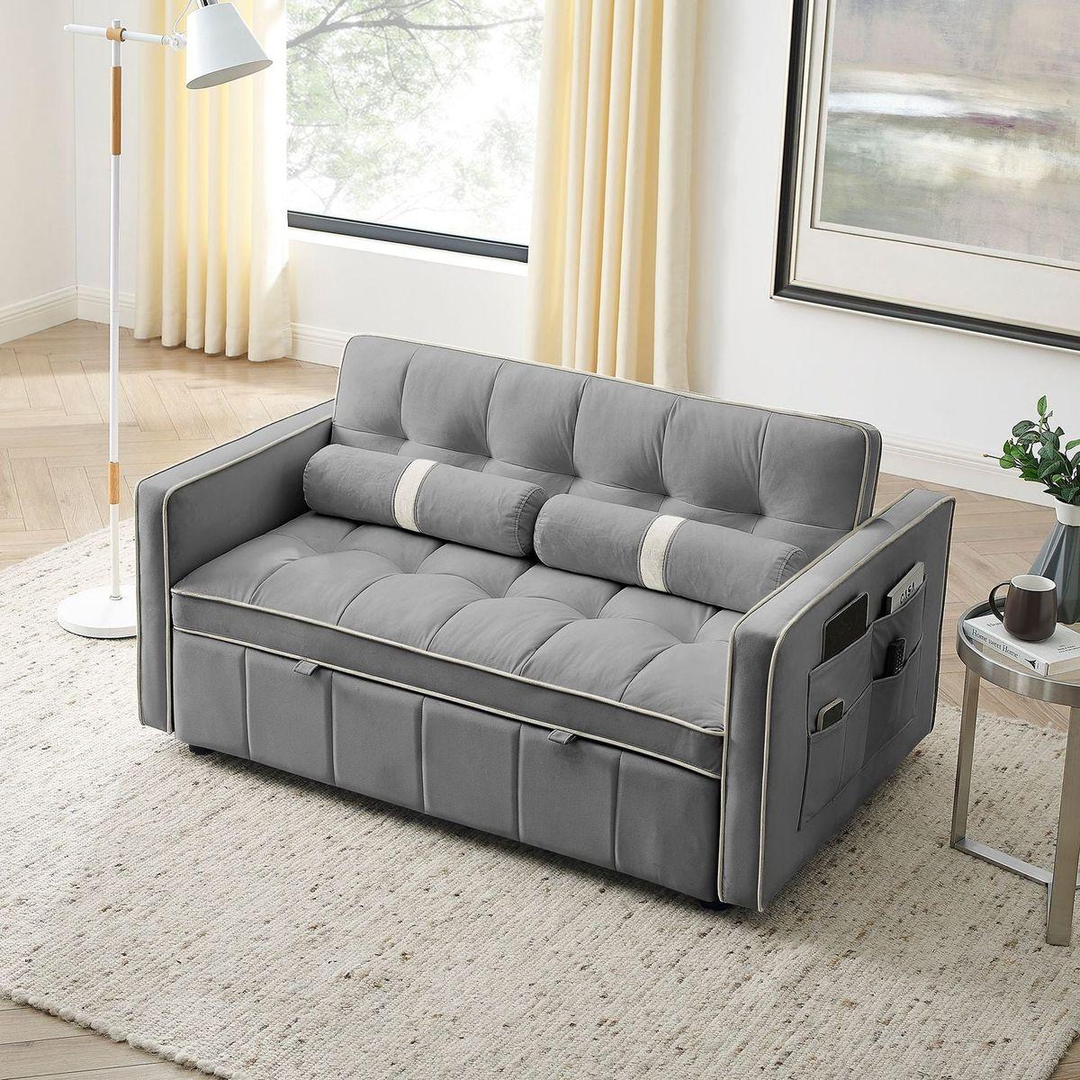 Modern 55.5" Pull Out Sleep Sofa Bed 2 Seater Loveseats Sofa Couch with side pockets, Adjustable Backrest and Lumbar Pillows for Apartment Office Living Room