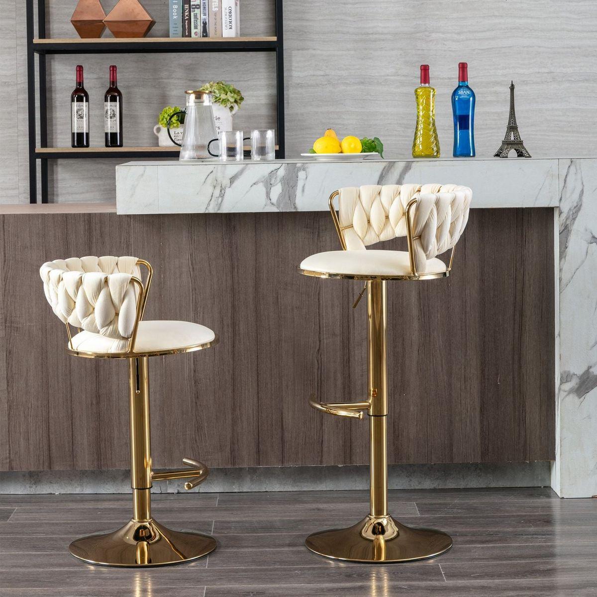 Set of 2 Bar Stools, with Chrome Footrest and Base Swivel Height Adjustable Mechanical Lifting Velvet + Golden Leg Simple Bar Stool-Cream - Streamdale Furniture