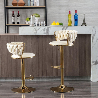 Set of 2 Bar Stools, with Chrome Footrest and Base Swivel Height Adjustable Mechanical Lifting Velvet + Golden Leg Simple Bar Stool-Cream - Streamdale Furniture
