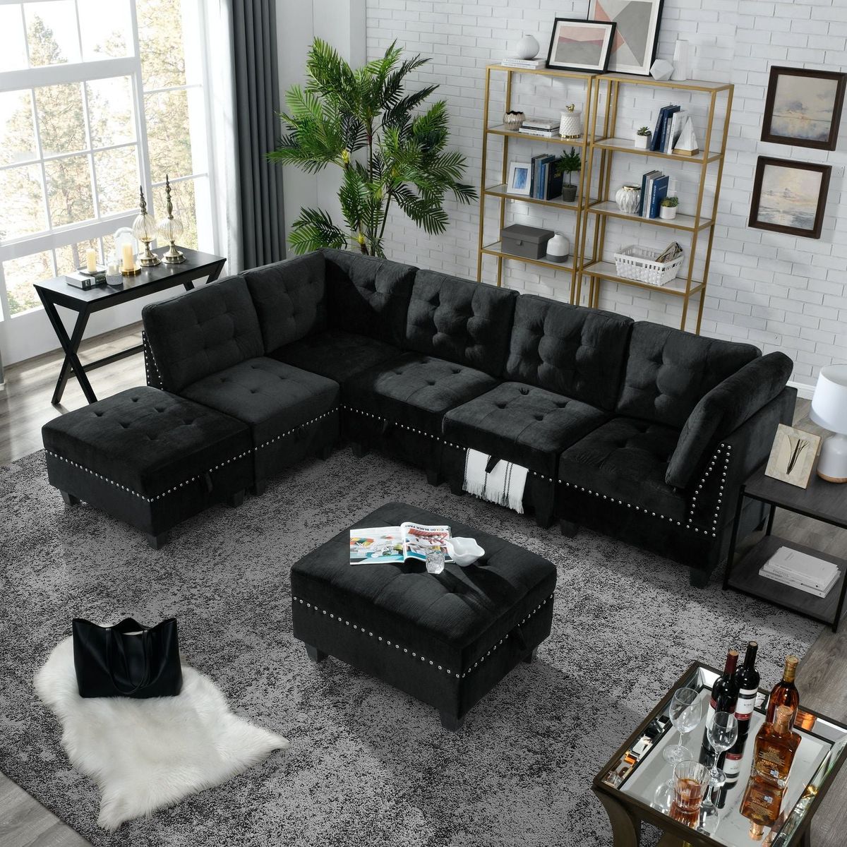 L shape Modular Sectional Sofa DIY Combination Includes Three Single Chair Two Corner and Two Ottoman Black Velvet.