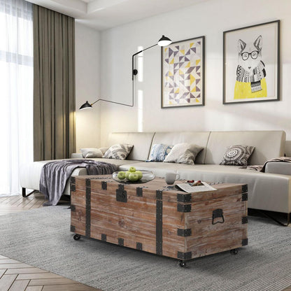 Antique Reclaimed Wood Gray Trunk Table And Side Table S/3 with Large Storage Dress Up Your Liviing Room