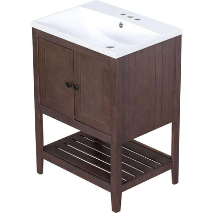 24" Brown Modern Sleek Bathroom Vanity Elegant Ceramic Sink with Solid Wood Frame Open Style Shelf