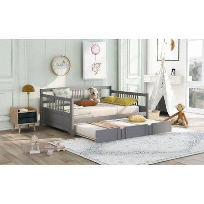 Full Size Daybed Wood Bed with Twin Size Trundle, Gray