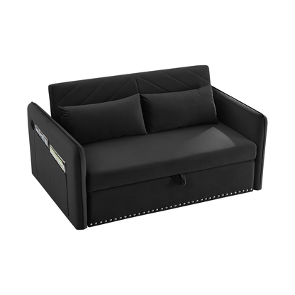 Pull-out sofa sleeper, 3-in-1 adjustable sleeper with pull-out bed, 2 lumbar pillows and side pocket, soft velvet convertible sleeper sofa bed, suitable for living room bedroom.