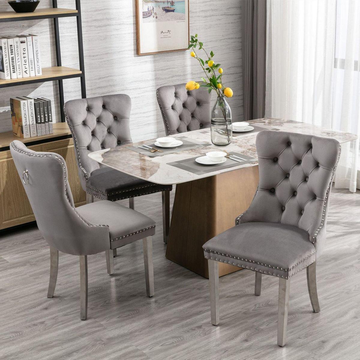 Nikki Collection Modern, High-end Tufted Solid Wood Contemporary Velvet Upholstered Dining Chair with Chrome Stainless Steel Plating Legs, Nailhead Trim, Set of 2ray and Chrome