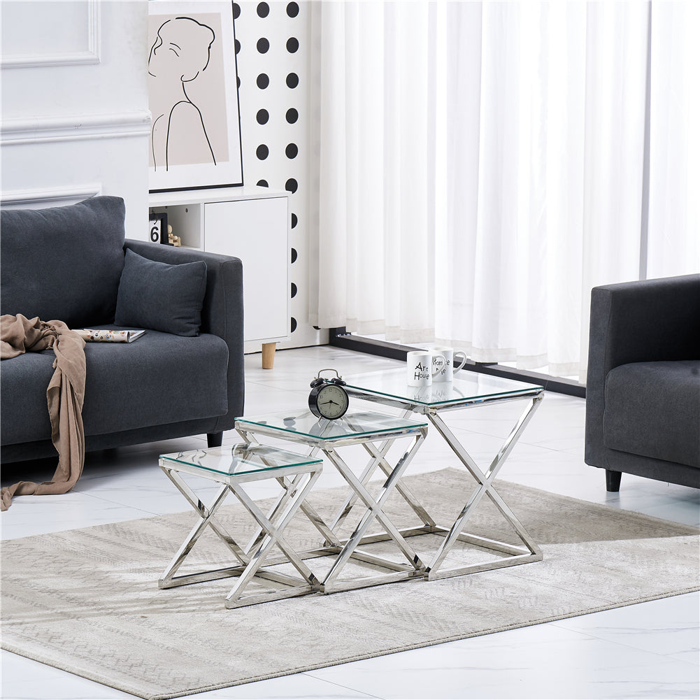 3 Pieces Silver Square Nesting Glass End Tables (X shape frame)- Small Coffee Table Set- Stainless Steel Small Coffee Tables with Clear Tempered Glass- 18" Modern Minimalist Side Table for Living Room