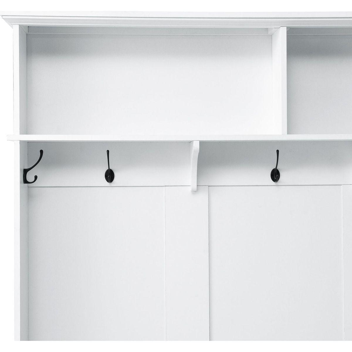 Modern Style Hall Tree with Storage Cabinet and 2 Large Drawers, Widen Mudroom Bench with 5 Coat Hooks, White