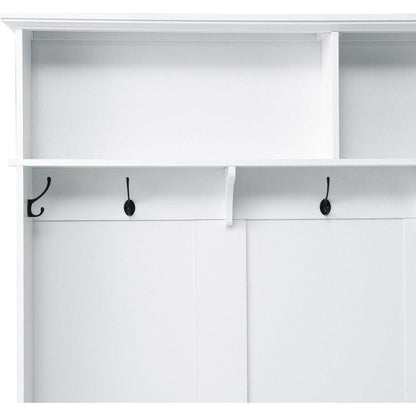 Modern Style Hall Tree with Storage Cabinet and 2 Large Drawers, Widen Mudroom Bench with 5 Coat Hooks, White