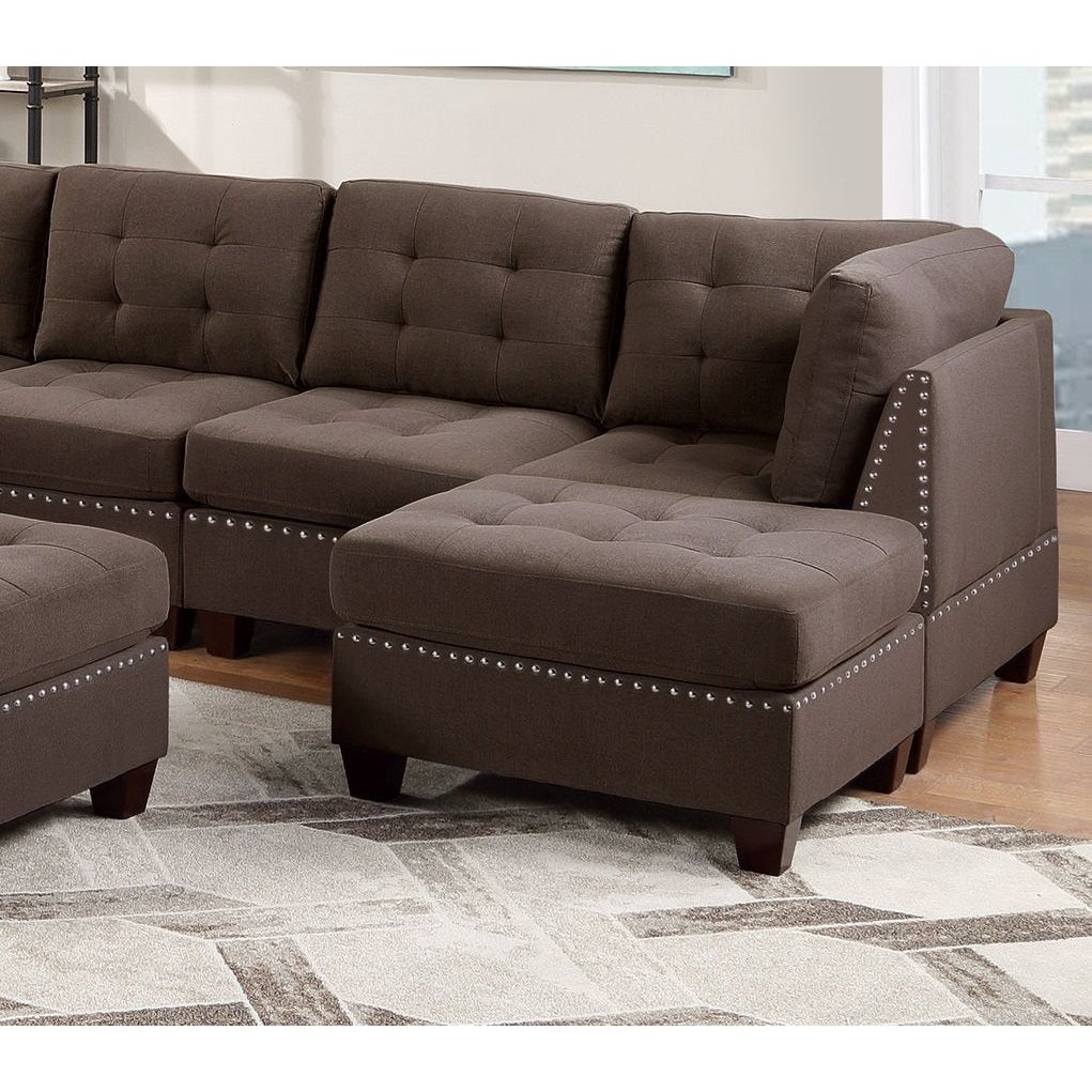 Modular Sectional 9pc Set Living Room Furniture Corner Sectional Tufted Nail heads Couch Black Coffee Linen Like Fabric 3x Corner Wedge 4x Armless Chairs and 2x Ottomans