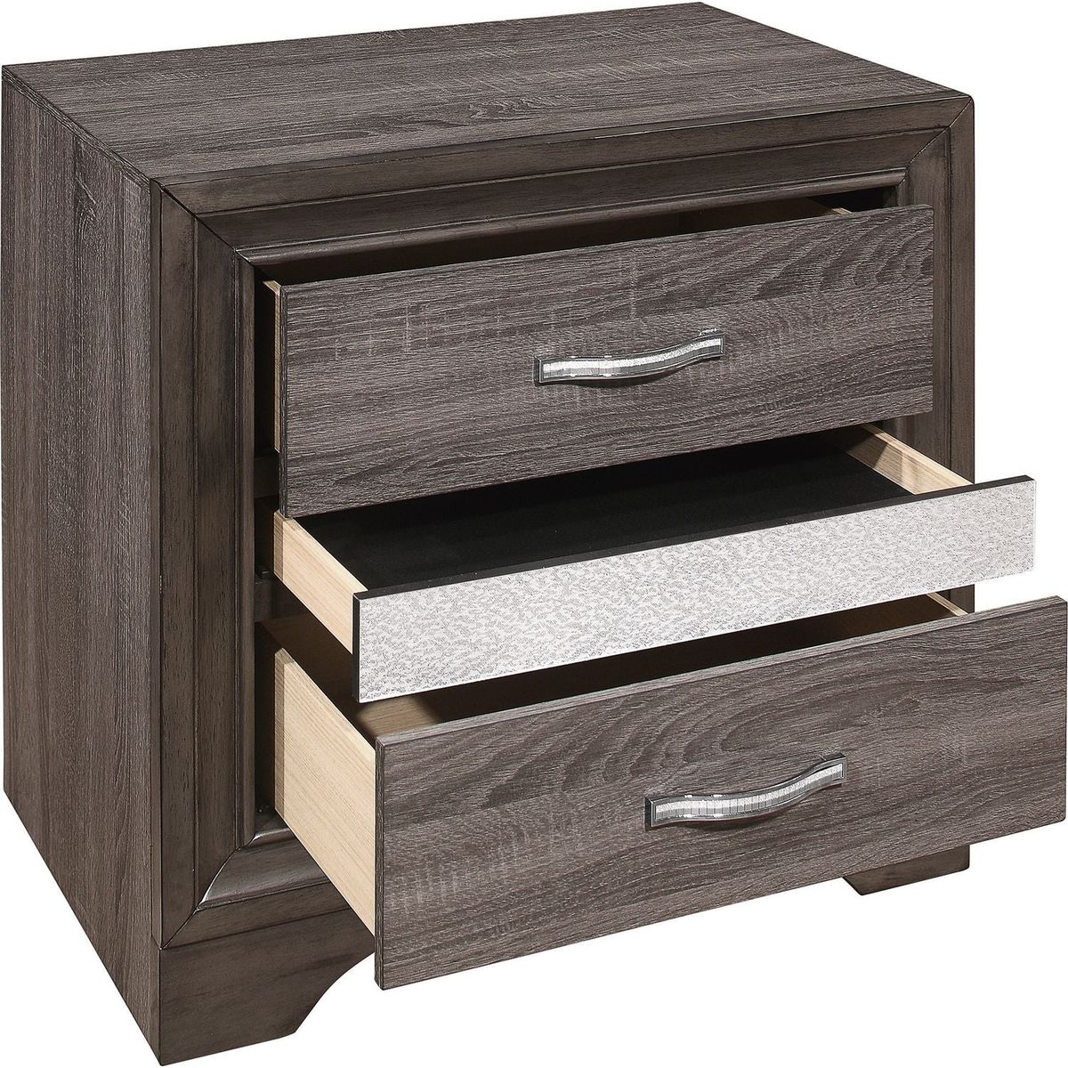 Glamorous Two-Tone Finish Nightstand Hidden Jewelry Drawer Polish Chrome Bar Bedroom Furniture