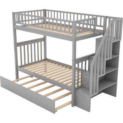 Twin over Twin Bunk Bed with Trundle and Storage, Gray