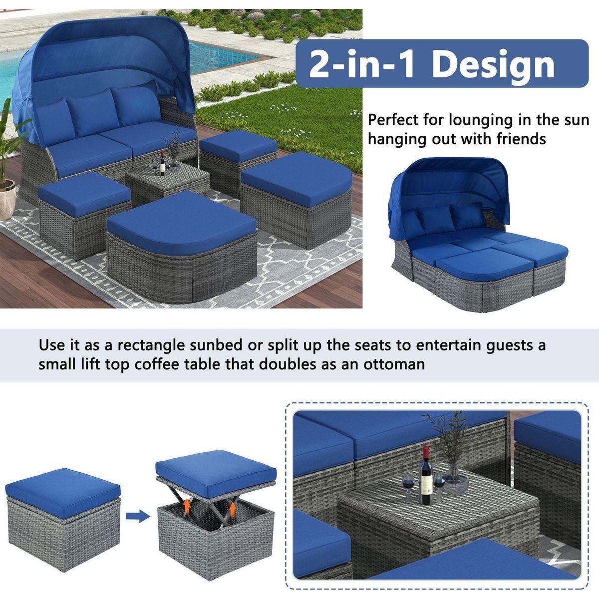 Outdoor Patio Furniture Set Daybed Sunbed with Retractable Canopy Conversation Set Wicker Furniture