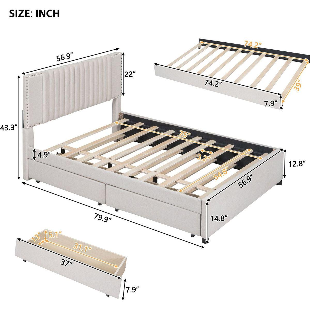 Full Size Upholstered Platform Bed with 2 Drawers and 1 Twin Size Trundle, Classic Headboard Design, Beige