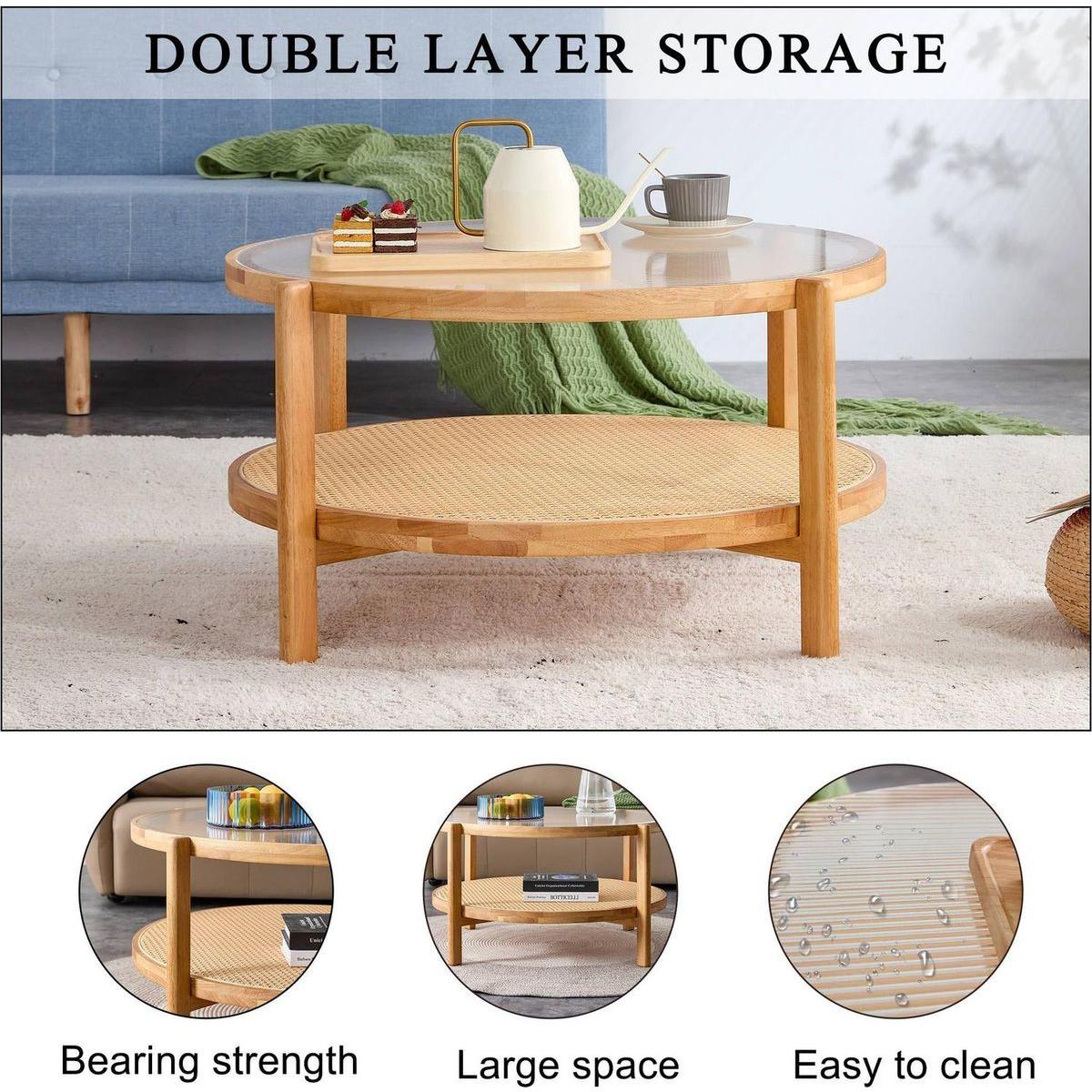Modern simple circular double-layer solid wood tea table rattan woven Chinese side table small round table suitable for living room, dining room and bedroom