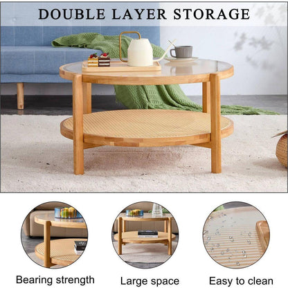 Modern simple circular double-layer solid wood tea table rattan woven Chinese side table small round table suitable for living room, dining room and bedroom