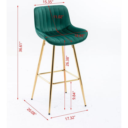 26 Inch Set of 2 Bar Stools, with Chrome Footrest Velvet Fabric Counter Stool Golden Leg Simple Bar Stool, GREEN
