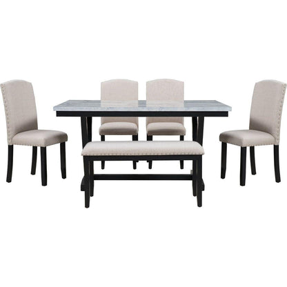 Modern Style 6-piece Dining Table with 4 Chairs & 1 Bench, Table with Marbled Veneers Tabletop and V-shaped Table Legs (White)