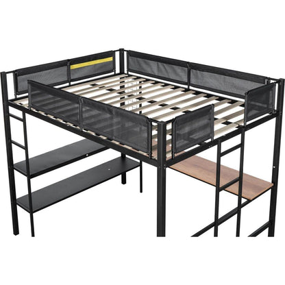 Metal Full Size Loft Bed with Desk & Shelves/ Sturdy Metal Bed Frame/ Noise-free Wood Slats/ Comfortable Textilene Guardrail/ Built-in Desk, 2-tier Shelves & Grid Panel/ 2 Side Ladders