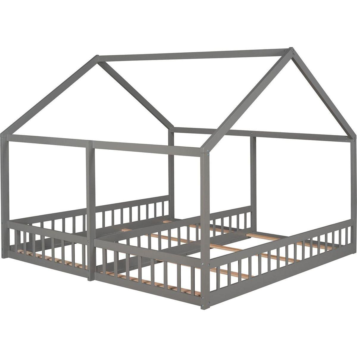 Twin Size House Platform Beds, Two Shared Beds, Gray - Streamdale Furniture