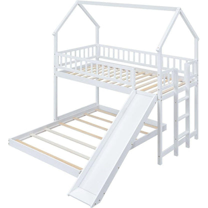 Twin over Full House Bunk Bed with Slide and Built-in Ladder, Full-Length Guardrail, White