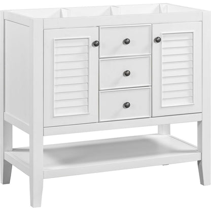 36" Bathroom Vanity without Sink, Cabinet Base Only, Two Cabinets and Drawers, Open Shelf, Solid Wood Frame, White