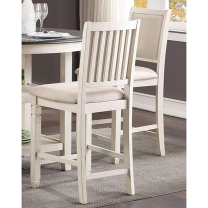 Antique White Finish Wooden Counter Height Chairs 2pcs Set Textured Fabric Upholstered Dining Chairs