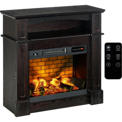 32" Electric Fireplace with Mantel, Freestanding Heater with LED Log Flame, Shelf and Remote Control, 700W/1400W, Brown