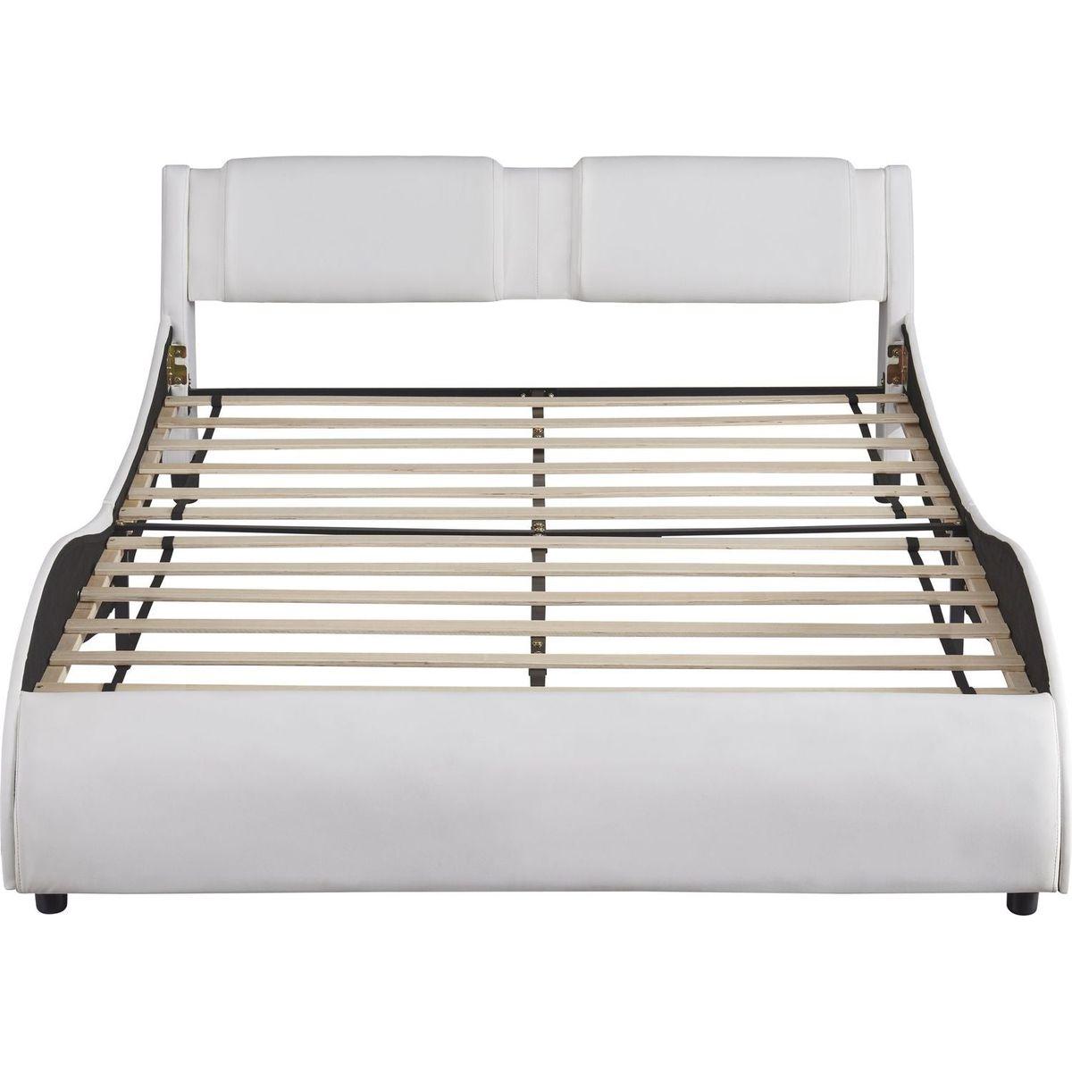 Queen Size Upholstered Faux Leather Platform Bed with LED Light Bed Frame with Slatted - White