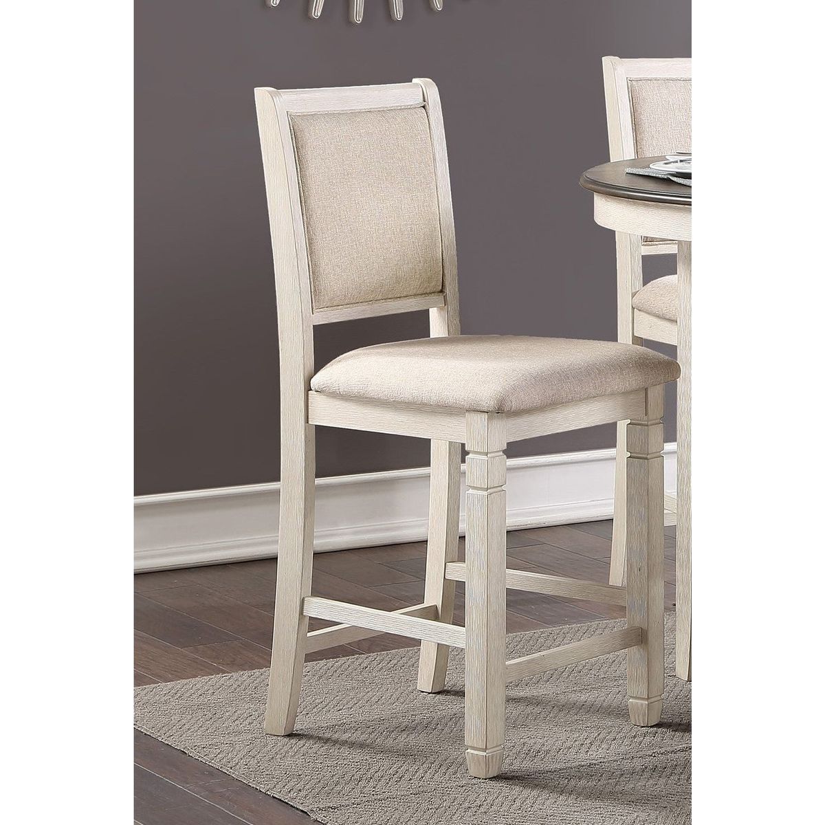 Antique White Finish Wooden Counter Height Chairs 2pcs Set Textured Fabric Upholstered Dining Chairs