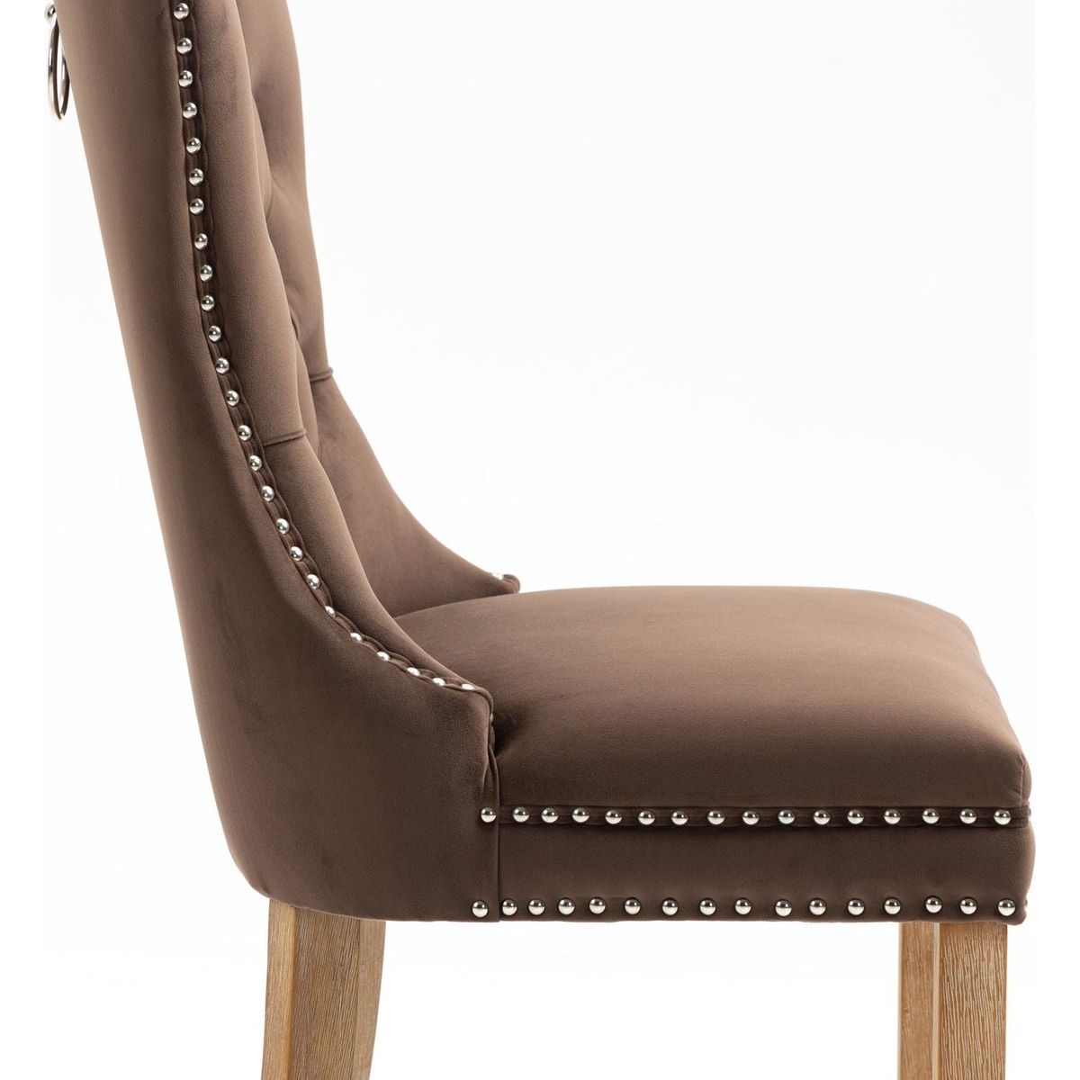 Upholstered Button Tufted Back Brown Velvet Dining Chair with Nailhead Trim and Brushed Solid Wood Legs 2 Sets