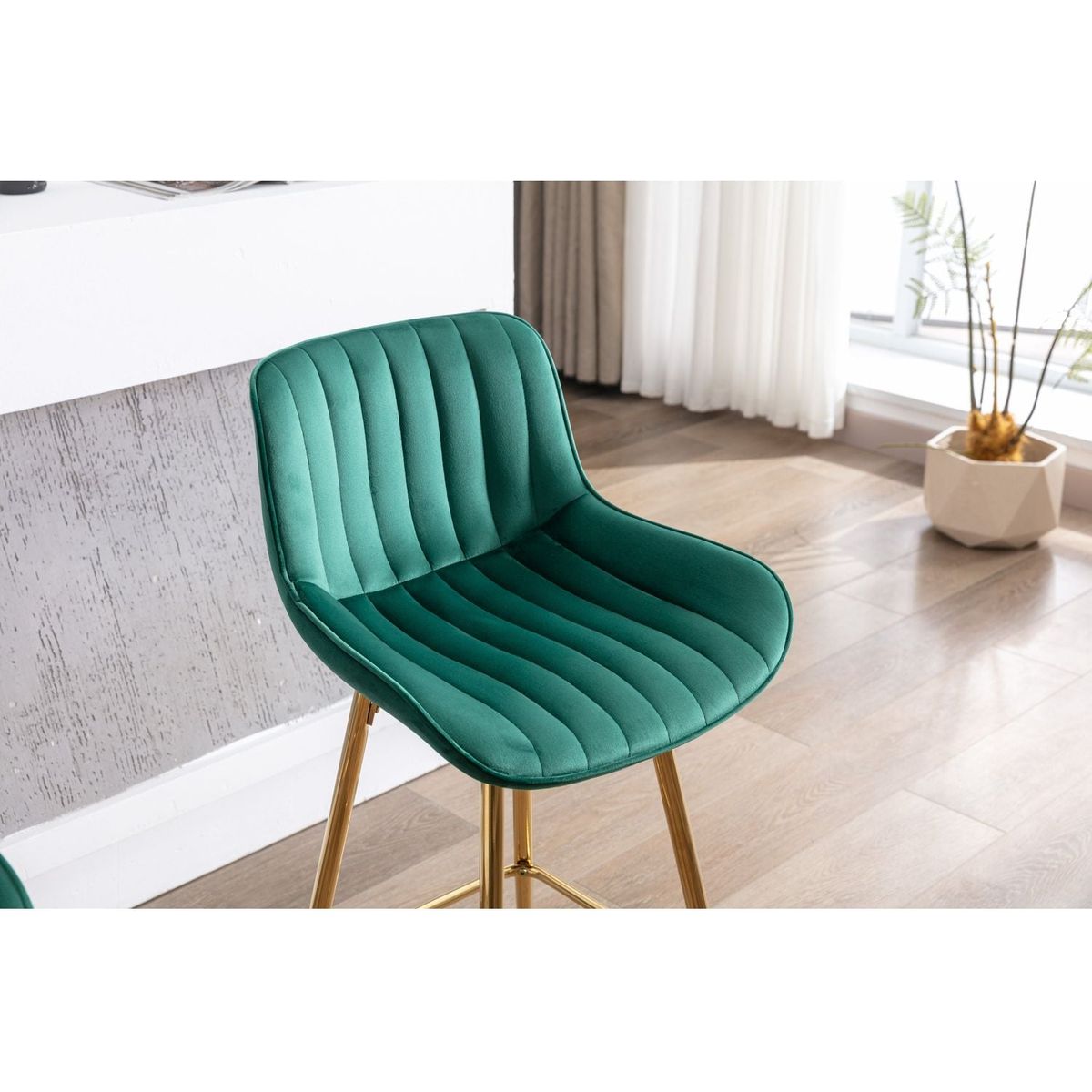 26 Inch Set of 2 Bar Stools, with Chrome Footrest Velvet Fabric Counter Stool Golden Leg Simple Bar Stool, GREEN