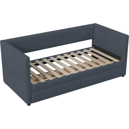 Twin Size Corduroy Daybed with Two Drawers and Wood Slat, Gray