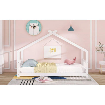 Twin Size House Bed Wood Bed, White