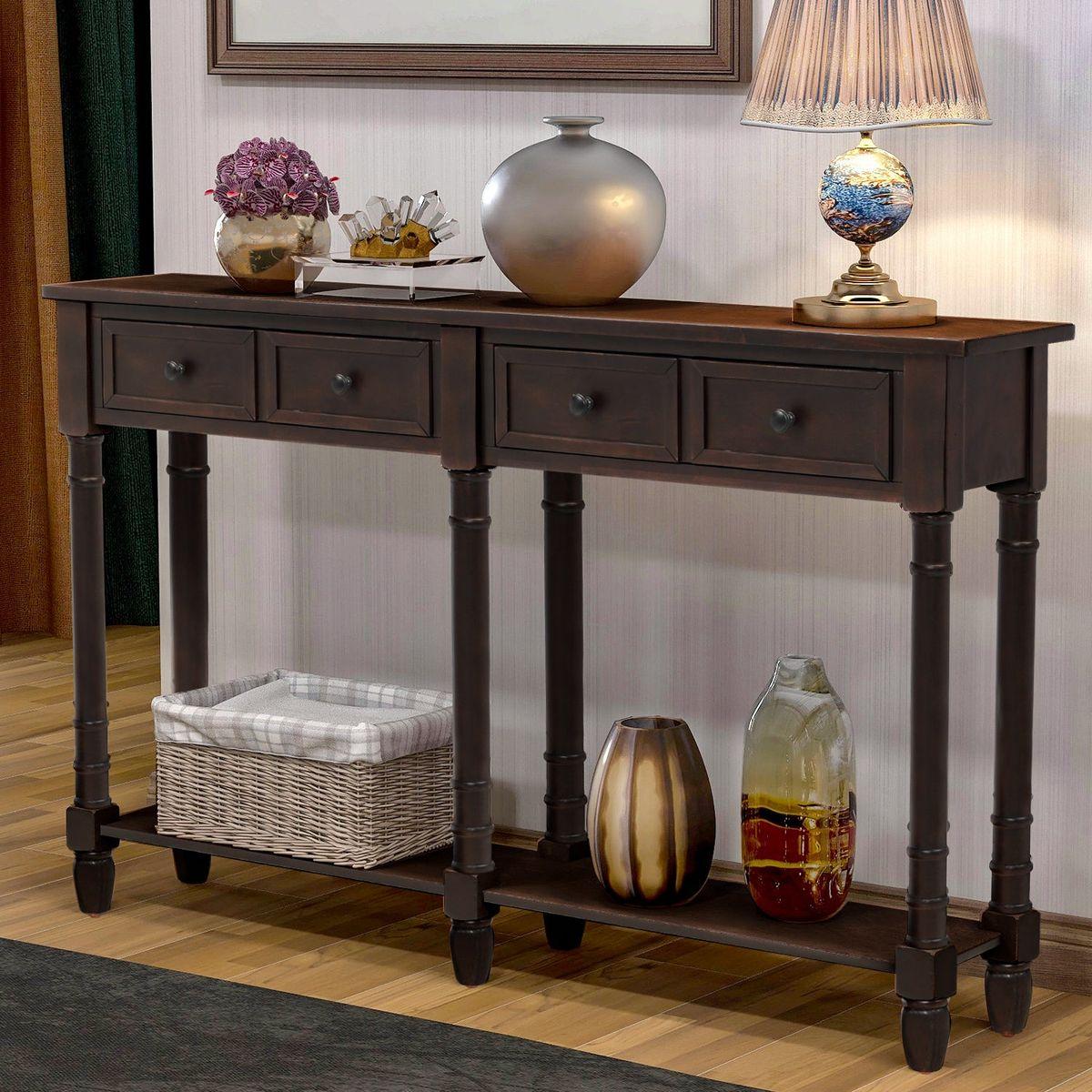 Console Table Sofa Table Easy Assembly with Two Storage Drawers and Bottom Shelf for Living Room, Entryway (Espresso)