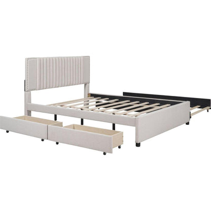 Queen Size Upholstered Platform Bed with 2 Drawers and 1 Twin XL Trundle, Classic Headboard Design, Beige