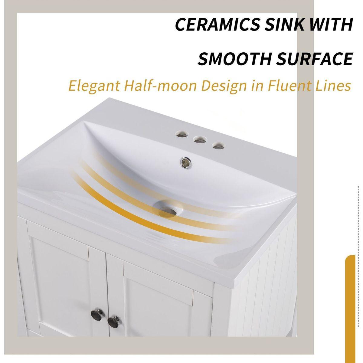 24" White Modern Sleek Bathroom Vanity Elegant Ceramic Sink with Solid Wood Frame Open Style Shelf