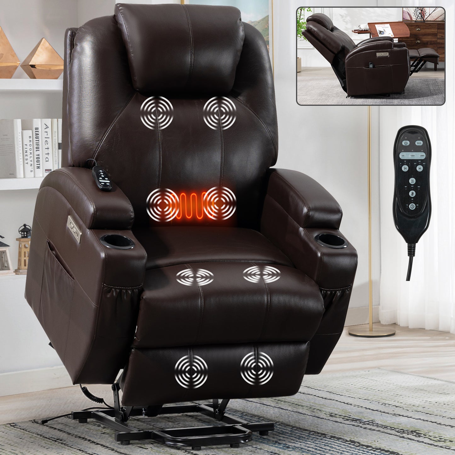 Up to 350lbs Okin Motor Power Lift Recliner Chair for Elderly, Heavy Duty Motion Mechanism with 8-Point Vibration Massage and Lumbar Heating, Two Cup Holders and USB Charge Port, Brown