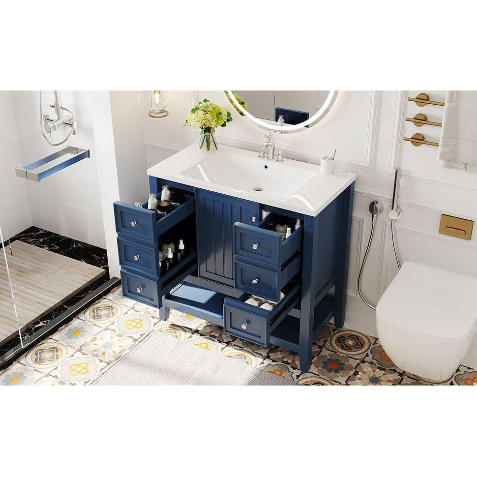 36" Bathroom Vanity with Sink Combo, One Cabinet and Three Drawers, Solid Wood and MDF Board, Blue