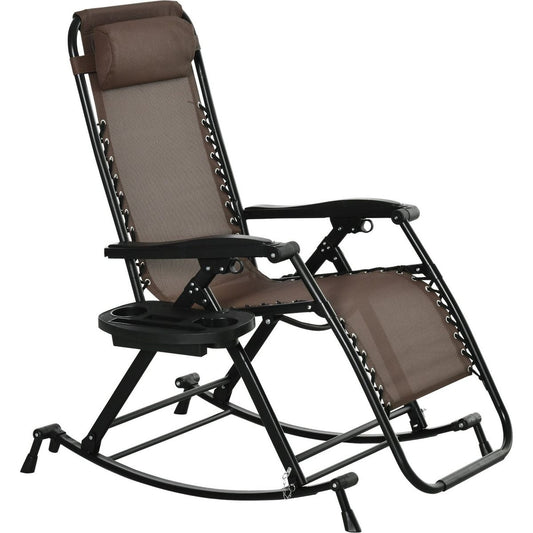 Outdoor Rocking Chairs, Foldable Reclining Zero Gravity Lounge Rocker w/ Pillow, Cup & Phone Holder, Combo Design w/ Folding Legs, Brown