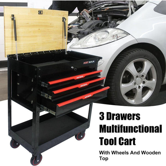 3 DRAWERS MULTIFUNCTIONAL TOOL CART WITH WHEELS AND WOODEN TOP - Streamdale Furniture