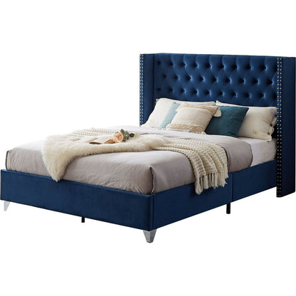 Queen bed, Button designed Headboard, strong wooden slats + metal legs with Electroplate