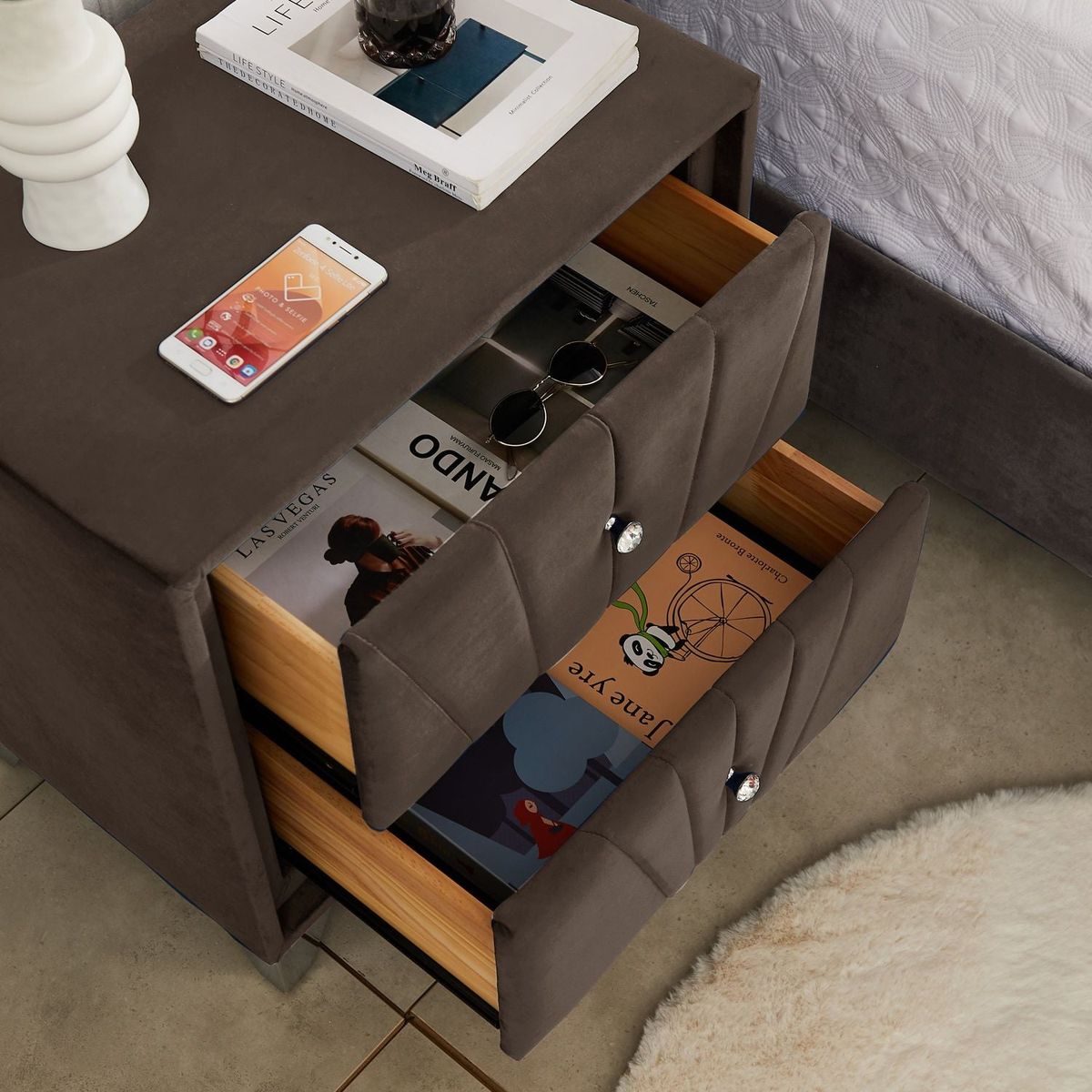 Simple beautiful double-decker nightstand, metal legs with Electroplate, Brown Flannelette