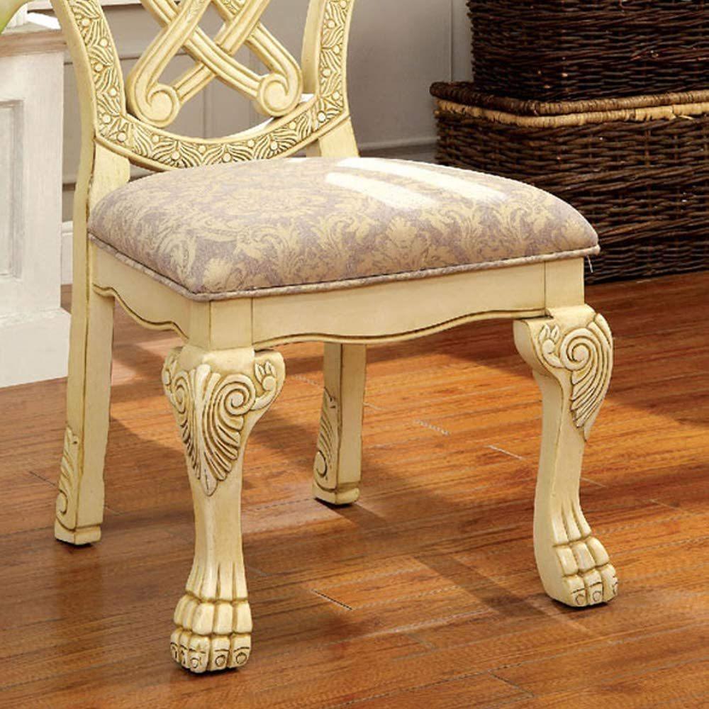 Formal Majestic Traditional Dining Chairs Vintage White Solid wood Fabric Seat Intricate Carved Details Set of 2 Side Chairs