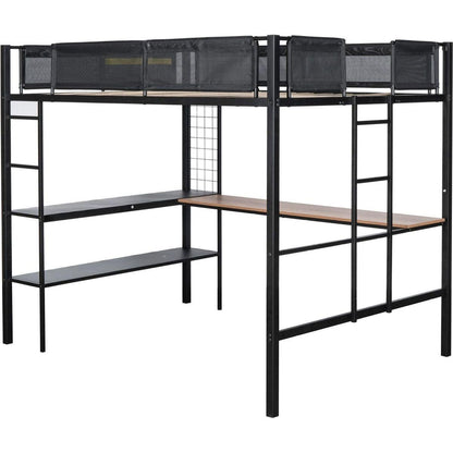 Metal Full Size Loft Bed with Desk & Shelves/ Sturdy Metal Bed Frame/ Noise-free Wood Slats/ Comfortable Textilene Guardrail/ Built-in Desk, 2-tier Shelves & Grid Panel/ 2 Side Ladders