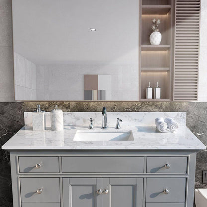 49"x22" bathroom stone vanity top engineered stone carrara white marble color with rectangle undermount ceramic sink and 3 faucet hole with back splash .