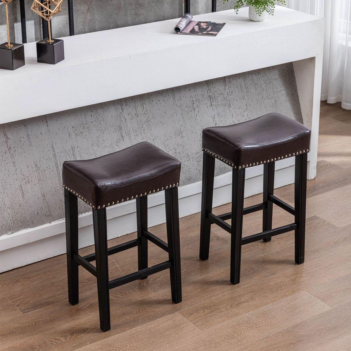 Counter Height 29" Bar Stools for Kitchen Counter Backless Faux Leather Stools Farmhouse Island Chairs (29 Inch, Brown, Set of 2)