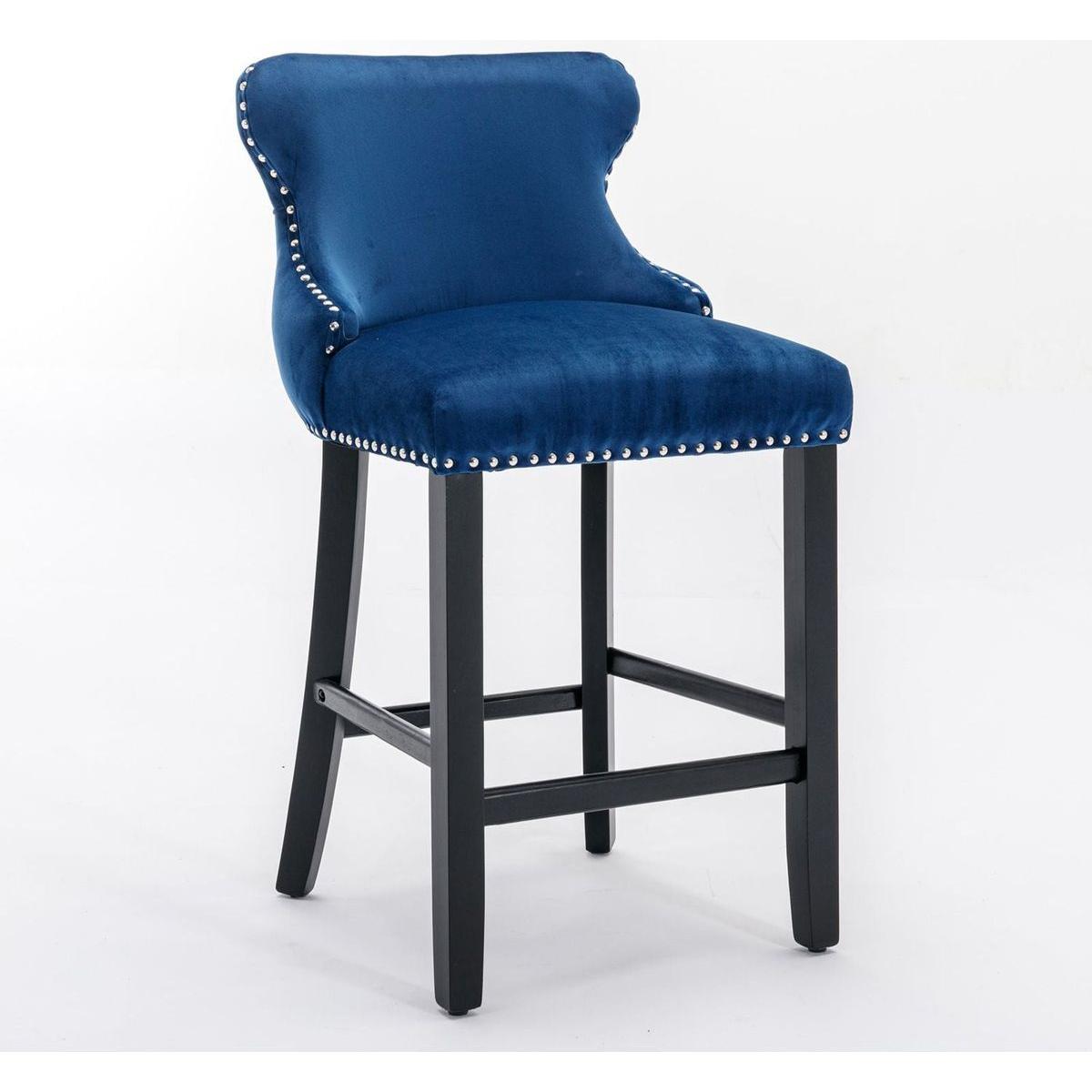 Contemporary Velvet Upholstered Wing-Back Barstools with Button Tufted Decoration and Wooden Legs, and Chrome Nailhead Trim, Leisure Style Bar Chairs,Bar stools,Set of 2 (Blue)